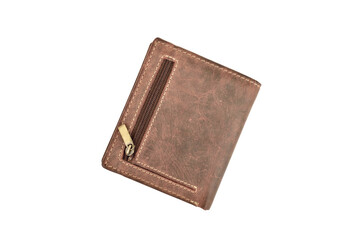 Top view of leather wallet isolated on white background with clipping path