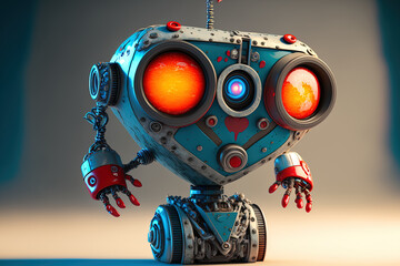 Funny robot toy cyborg with blue eye and red heart. Friendly comical mechanical toy character. Generative AI