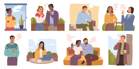 Male and female characters smoking outdoors or at home. People with bad habit, making smoke and fumes from cigarettes and cigars. Vector in flat style © Sensvector