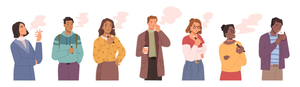 Male and female characters with cigarettes and vapes. Isolated people smoking, personages addicted to nicotine and tobacco. Men and women. Vector in flat style