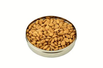 Box full of almond isolated on white background with clipping path