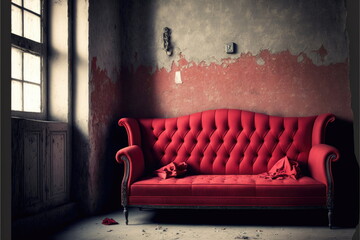 red sofa on the floor, vintage sofa, Made by AI,Artificial intelligence