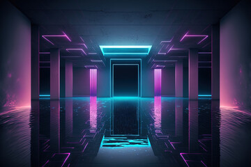 Illustration of a Contemporary Futuristic Sci Fi Purple Blue Neon Lights On Abstract Construction Empty Dark Stage With Concrete Reflection Floor And Water. Generative AI