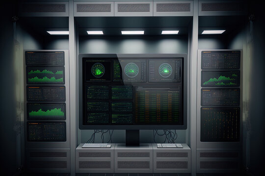 Data center area with servers and networking equipment mounted on rack cabinets, as well as a blank screen and chart on the kvm monitor. Generative AI