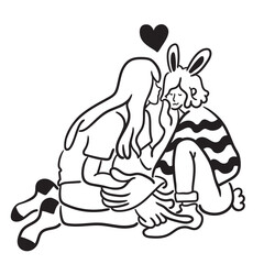 couple of lovers show tenderness to each other. The guy with the ears and tail of a hare. Hand touches and expressions of love.