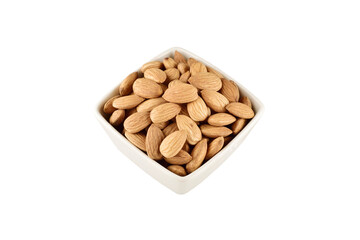Almond in bowl on white background with clipping path