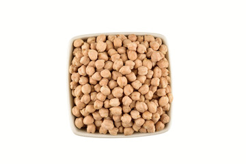 Top view of raw chickpeas in bowl isolated on white background with clipping path