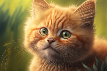 Little kitten, red cat with green eyes that are kind. A cute ginger portrait. joyfully adorable, Stunning fluffy red orange landscape portrait up close. large paws, British Shorthair Searching Camera