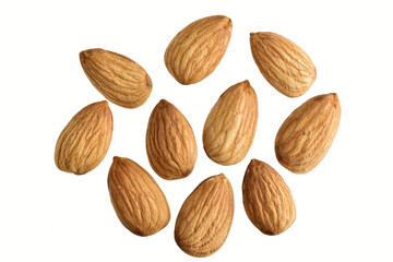 Top view of almond on white background with clipping path
