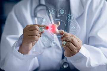 Medicine doctor touching on digital tablet and hologram modern virtual screen interface icons, Medical technology and futuristic concept.