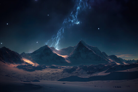 Picture of the night sky, snowy mountains in the background. Generative AI