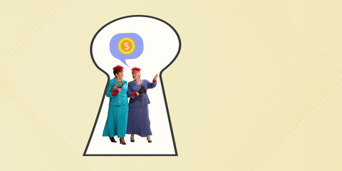 Contemporary art collage. Creative design. Stylish, senior women walking to bank, discussing life. Keyhole look