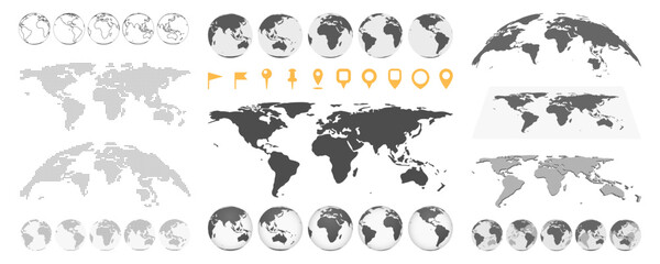 Globe and flags, Earth planet with pointers of geolocation and location. Isolated parts of maps, hemispheres in monochrome style. Vector in flat style