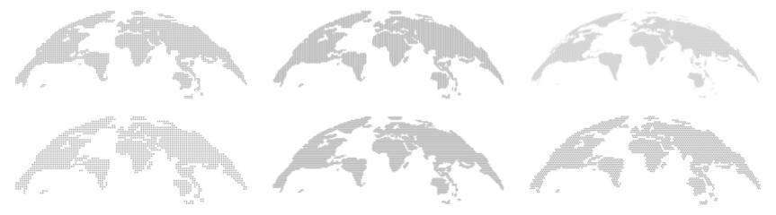 Tableaux ronds sur aluminium Carte du monde Globe world map with continents, isolated rounded hemispheres of Earth digital dots set. Business or political worldwide display, monochrome countries. Vector in flat style