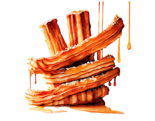 Realistic watercolor illustration of pile of churros drizzled with pouring caramel sauce drops and dusted with sugar generative AI art	