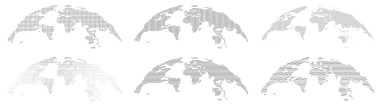 Globe world map with continents, isolated rounded hemispheres of Earth digital dots set. Business or political worldwide display, monochrome countries. Vector in flat style