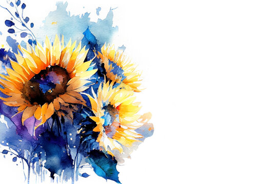 Yellow and blue sunflowers in splashes of paint as Ukraine flag colors and Ukrainian culture symbol generative AI watercolor copy space banner 