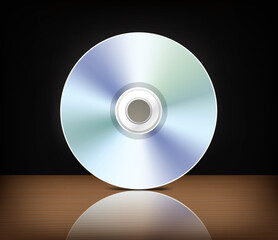 Music compact disc with reflection on a table. 3d vector mockup
