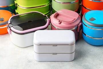 Many plastic food containers in a shop for background