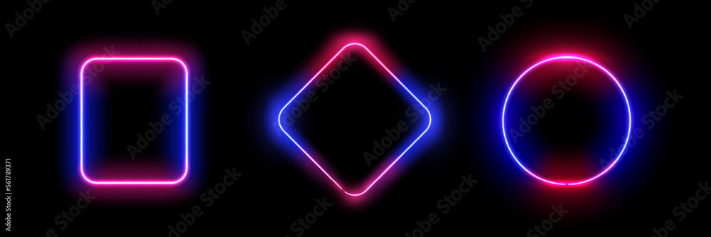 Poster Square and rhombus, circle, neon frames with empty space inside. Borders with glowing lines, highlighting and catching attention. Vector in realistic style