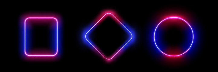 Square and rhombus, circle, neon frames with empty space inside. Borders with glowing lines, highlighting and catching attention. Vector in realistic style