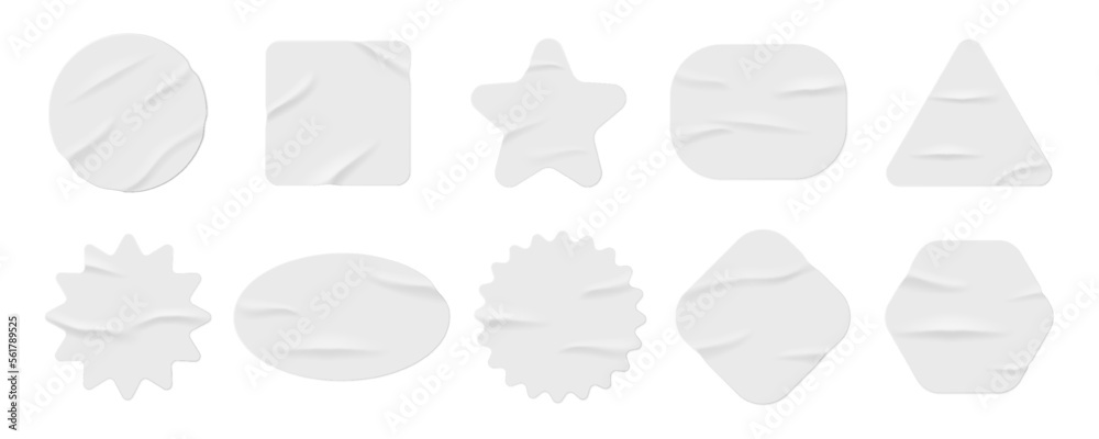 Poster Wrinkled and glued paper stickers of different shapes and forms. Isolated circle and square, star and triangle, oval and rhombus shapes set. Vector in realistic style