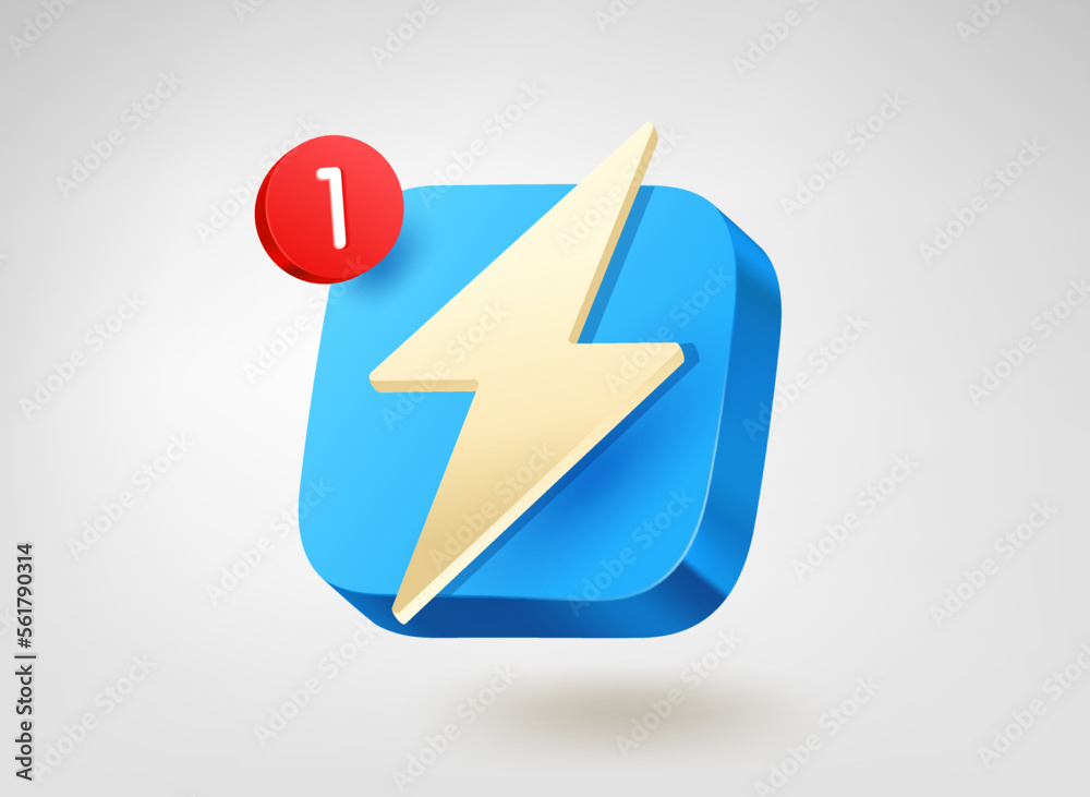 Poster Golden flash on blue button. 3d vector mobile application icon