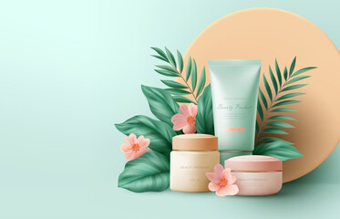 3d realistic scene of Cosmetic Products and Tropical Palm Leaves. Web Site Design, Cosmetics Store Page Landing. Vector illustration