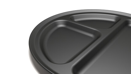 Black plate. black compart plate. utensil. white background. 3d rendering. closeup view