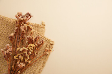 autumn mood with dried flowers and pastel beige background. flat lay and copy space