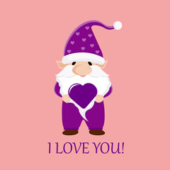 Gnome in purple holding cartoon heart