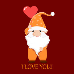Gnome in orange holding balloon in the shape of a heart