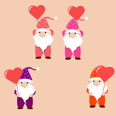Four gnomes holding the balloon in the shape of a heart