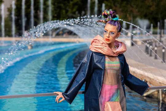 Street fashion concept with gen z girl wearing funky trendy outfit outdoor