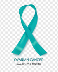 Vector illustration of ovarian cancer awareness tapes isolated on a transparent background. Realistic vector teal silk ribbon with loop.Turquoise ribbon for banners, posters.