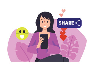 Smiling woman holding mobile phone flat style, vector illustration