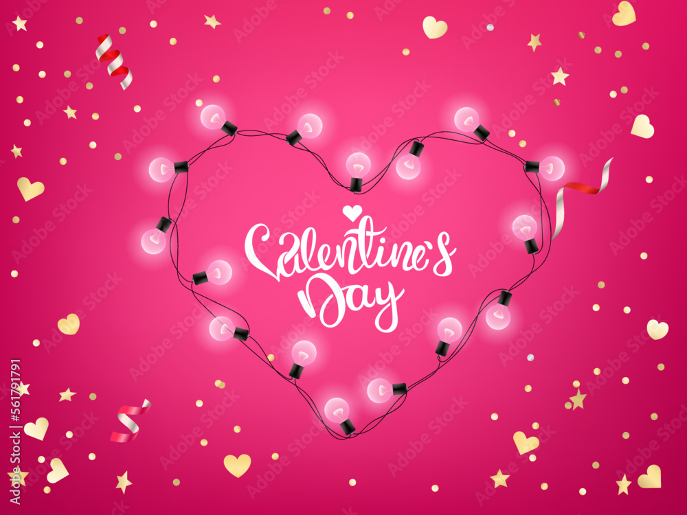 Aufkleber Shining heart and golden confetti on red background. Valentines day card with calligraphic inscription