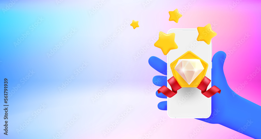 Poster award gem on smartphone screen. 3d vector banner with copy space