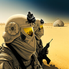 Soldados militares futuristas explorando el desierto, generative ai.