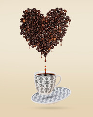 heart of coffee beans dripping into a cup
