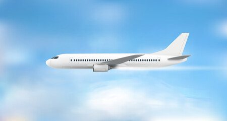 Naklejka na ściany i meble Flying modern airplane flying in cloudy sky. Air travel concept. 3d vector illustration