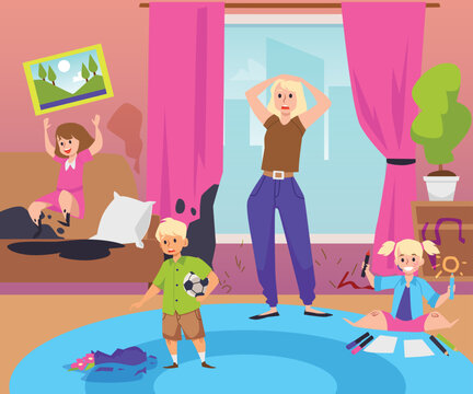 Naughty kids make a mess and upset mother in room, flat vector illustration.