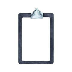 Writing pad paper clip board. Frame on the theme of health. Space for your text. Medical equipment, medicines . Flat lay watercolor objects.