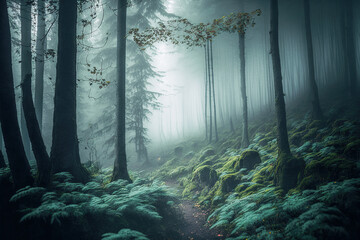 Fototapeta premium Landscapes with forests in the fog, mysterious forests