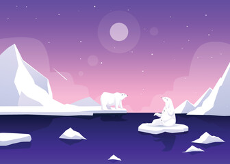 Obraz na płótnie Canvas Arctic Polar landscape background with white bear, flat vector illustration.
