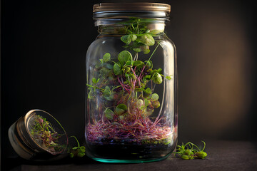 Microgreen sprouts inside a glass jar Dark background Close up Vegan Vegetarian Space for text