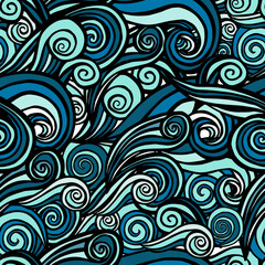 Sea waves sketch pattern. Ocean surf wave hand drawn seamless pattern vector illustration