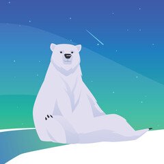 Smiling polar bear sitting on snow flat style, vector illustration