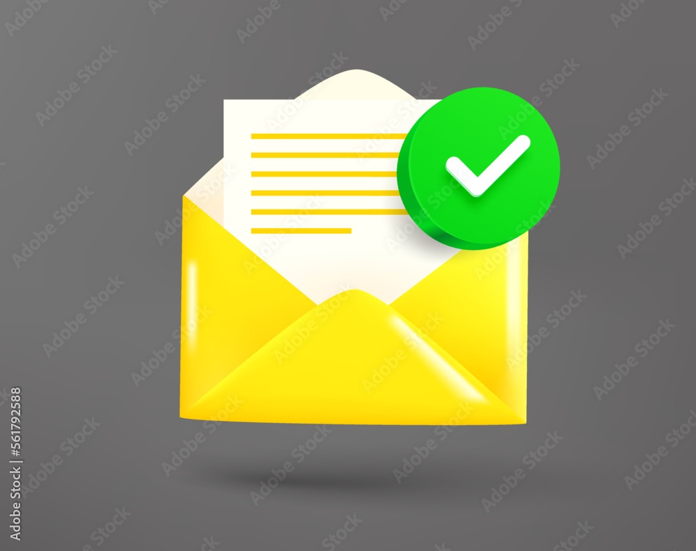 Poster Yellow envelope with paper sheet with green checkmark. 3d vector icon