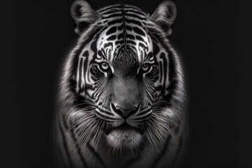 Tiger portrait in black and white on a dark background. Generative AI